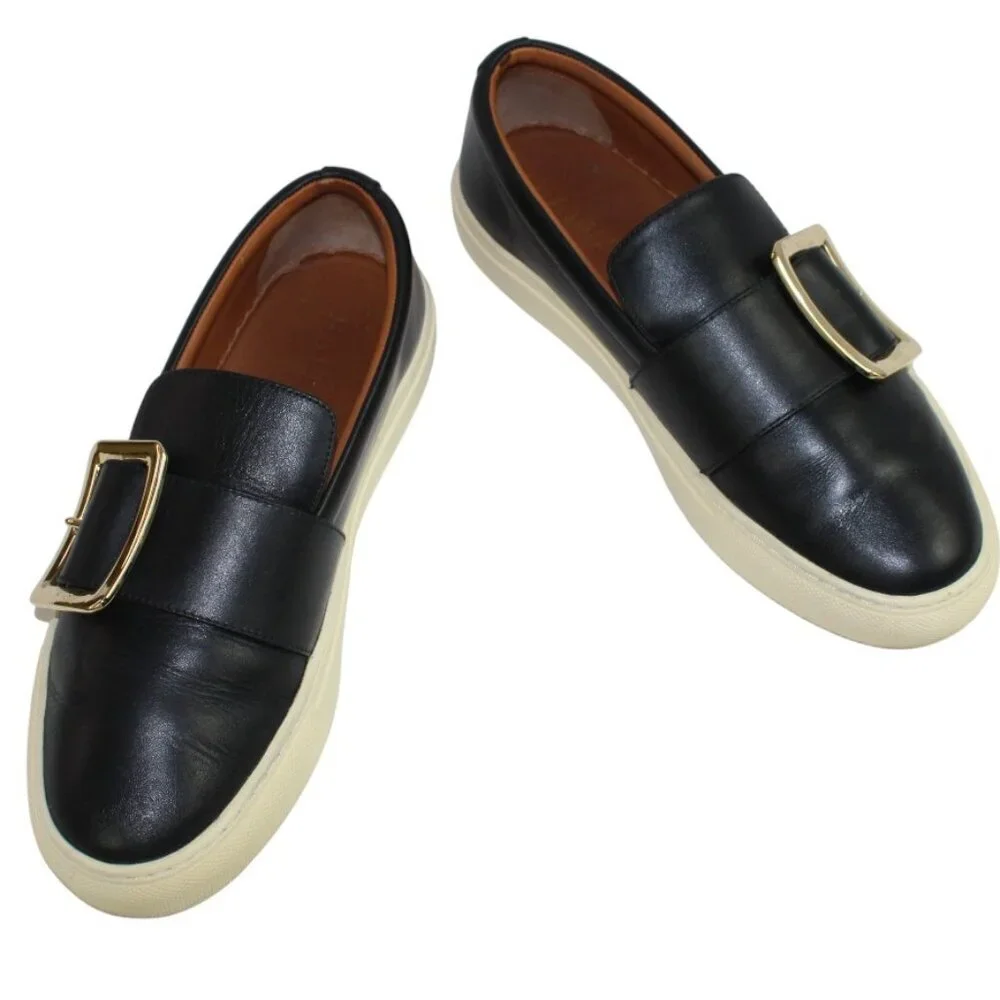 Bally Heska Black Leather Large gold Buckle Accent Slip On Sneakers Size 5.5